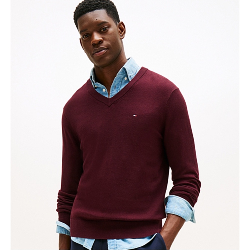 Tommy Hilfiger Men's V-Neck Premium‎ Cotton Sweater Burgundy Red L